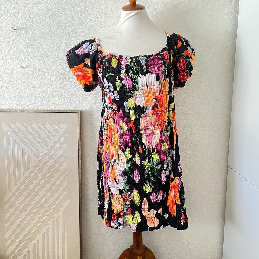 H&M Womens Black Floral Smocked Puff Sleeve Mini Dress Sz XL Linen Blend Cottage